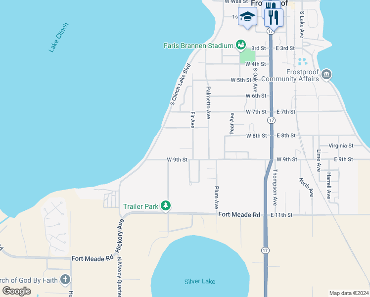 map of restaurants, bars, coffee shops, grocery stores, and more near 501 Citrus Drive in Frostproof
