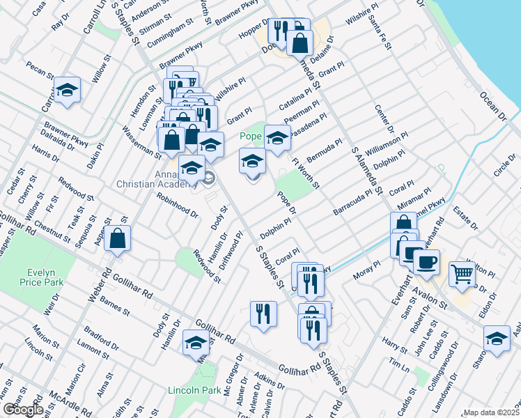 map of restaurants, bars, coffee shops, grocery stores, and more near 1017 Hamlin Drive in Corpus Christi