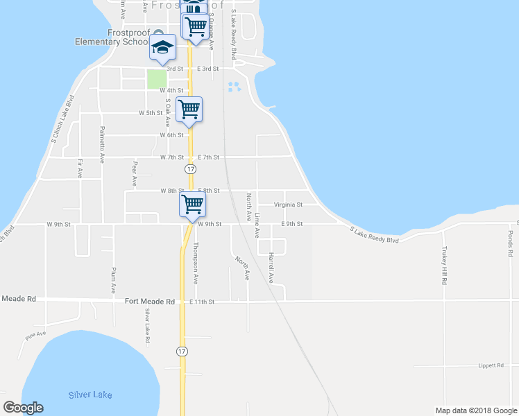 map of restaurants, bars, coffee shops, grocery stores, and more near 825 Lime Avenue in Frostproof