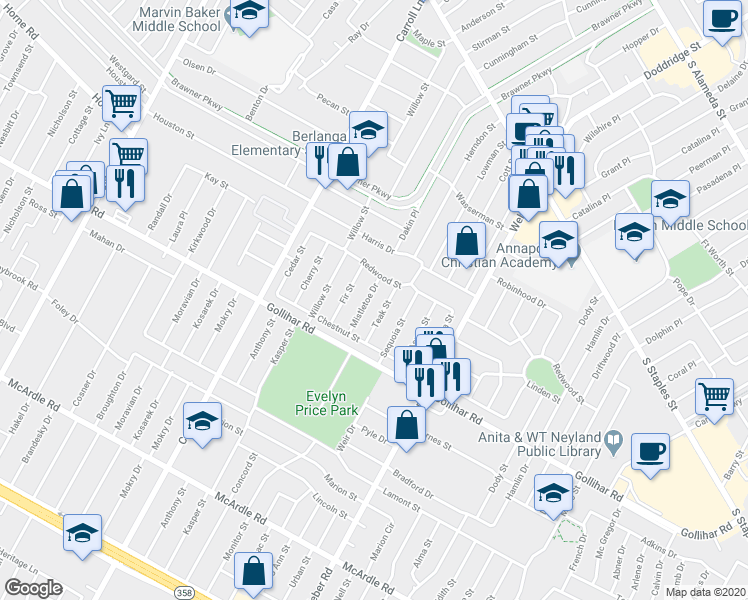 map of restaurants, bars, coffee shops, grocery stores, and more near 4322 Mistletoe Drive in Corpus Christi