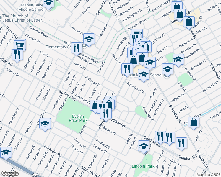 map of restaurants, bars, coffee shops, grocery stores, and more near 3926 Redwood Street in Corpus Christi