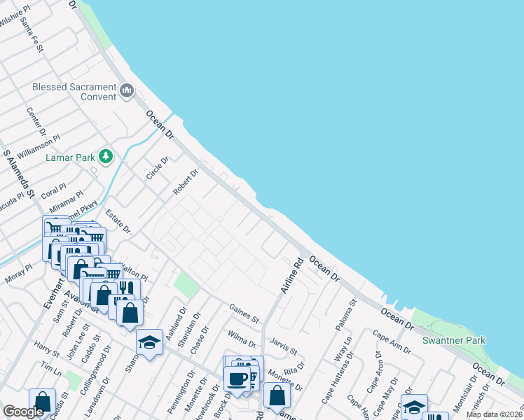 map of restaurants, bars, coffee shops, grocery stores, and more near 4454 Ocean Drive in Corpus Christi