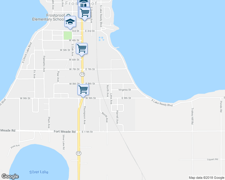 map of restaurants, bars, coffee shops, grocery stores, and more near 302 Virginia Street in Frostproof