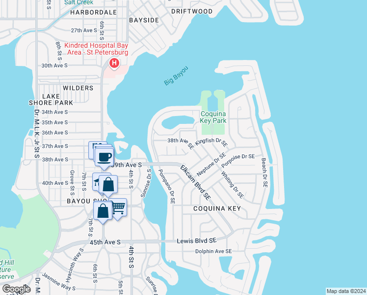 map of restaurants, bars, coffee shops, grocery stores, and more near 3854 Mandalay Drive in St. Petersburg
