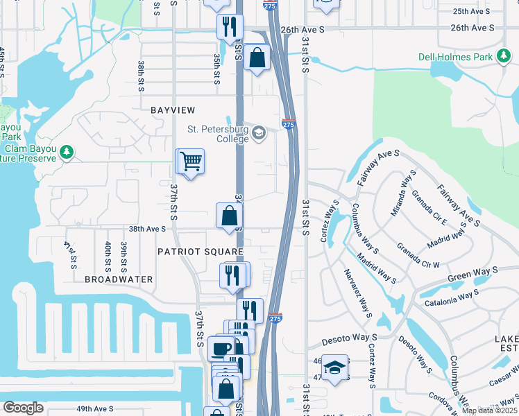 map of restaurants, bars, coffee shops, grocery stores, and more near 3600 34th Street South in St. Petersburg