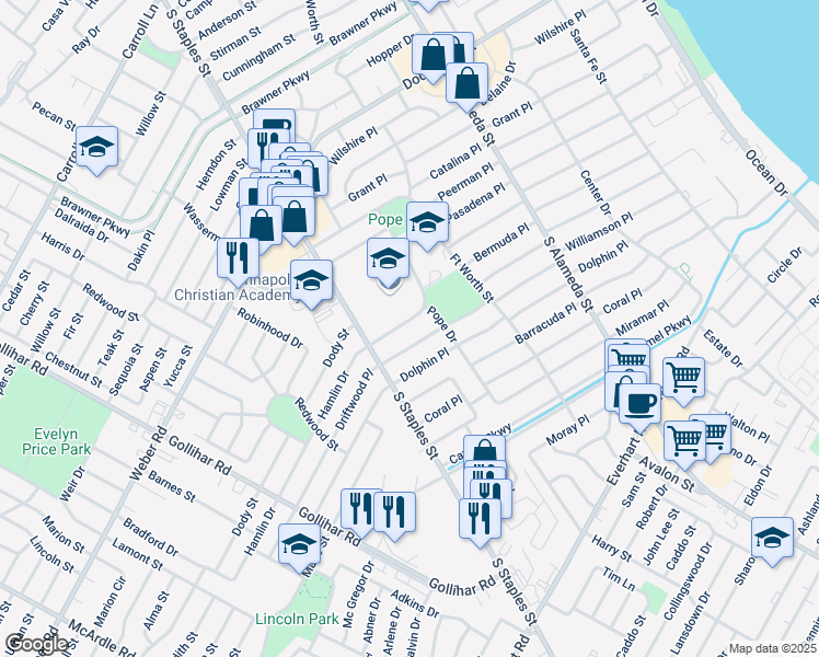map of restaurants, bars, coffee shops, grocery stores, and more near 1017 Hamlin Drive in Corpus Christi