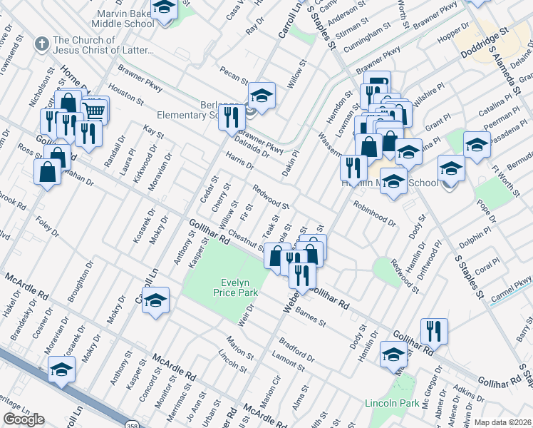 map of restaurants, bars, coffee shops, grocery stores, and more near 4318 Mistletoe Drive in Corpus Christi