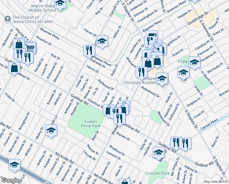 map of restaurants, bars, coffee shops, grocery stores, and more near 4305 Sequoia Street in Corpus Christi