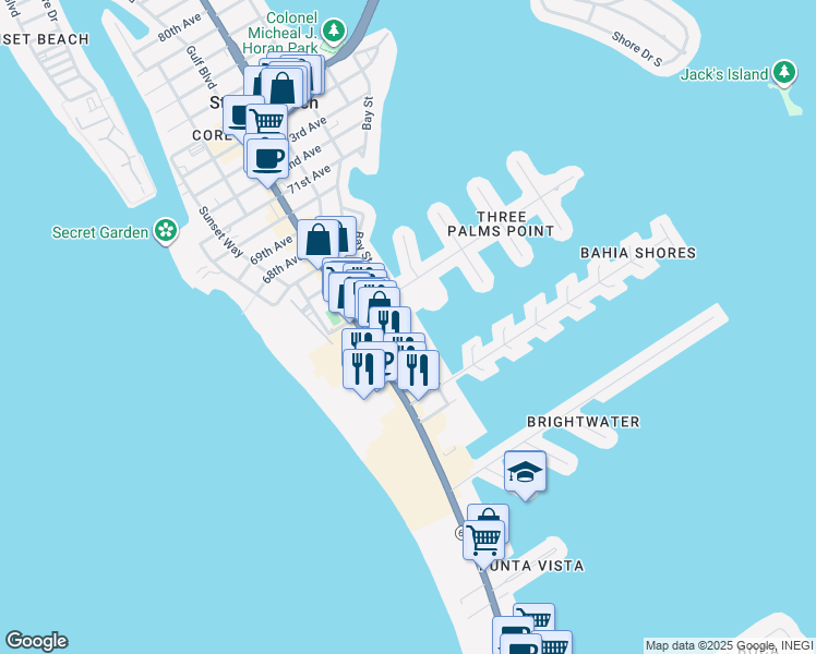 map of restaurants, bars, coffee shops, grocery stores, and more near 6201 2nd Street East in St. Pete Beach