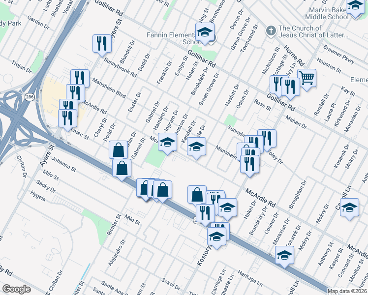 map of restaurants, bars, coffee shops, grocery stores, and more near 4834 Kendall Dr in Corpus Christi