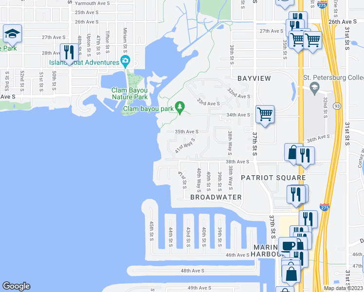 map of restaurants, bars, coffee shops, grocery stores, and more near 3501 41st Way South in St. Petersburg