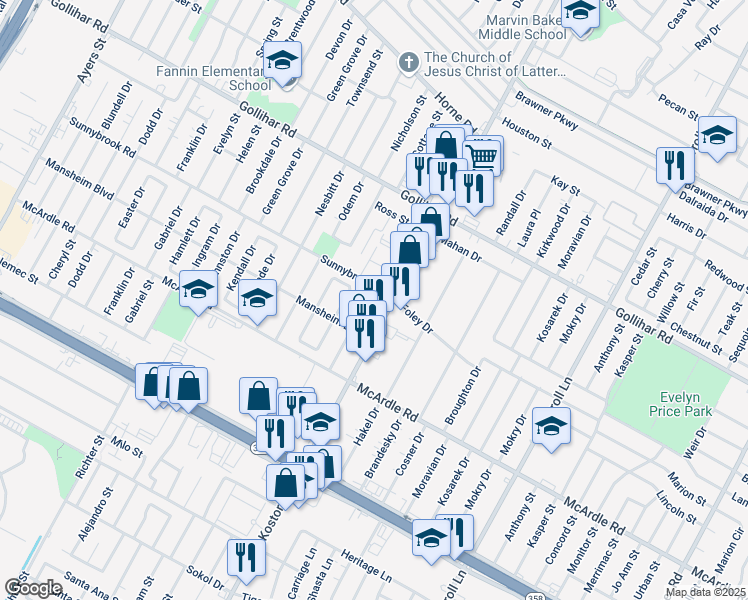 map of restaurants, bars, coffee shops, grocery stores, and more near 4710 Rogerson Drive in Corpus Christi