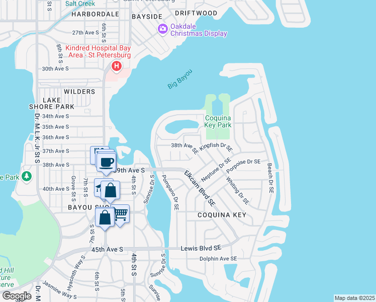 map of restaurants, bars, coffee shops, grocery stores, and more near 3854 Mandalay Drive in St. Petersburg
