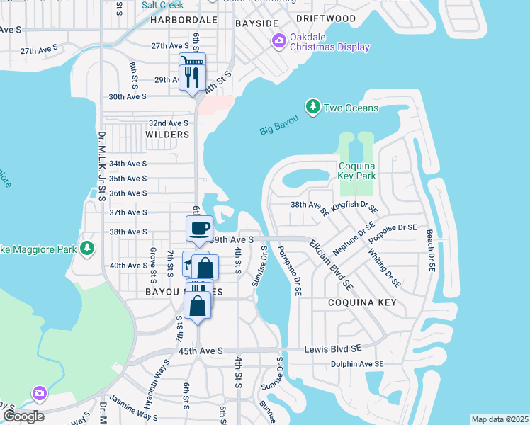 map of restaurants, bars, coffee shops, grocery stores, and more near 3841 Pompano Drive Southeast in St. Petersburg