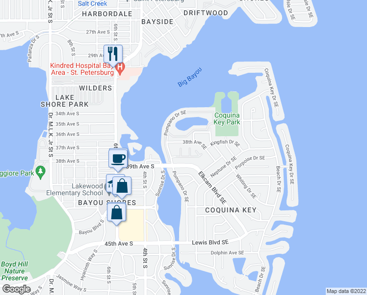 map of restaurants, bars, coffee shops, grocery stores, and more near 3846 Mariner Drive in St. Petersburg