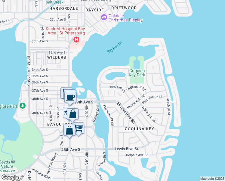 map of restaurants, bars, coffee shops, grocery stores, and more near 3845 Island Way in St. Petersburg