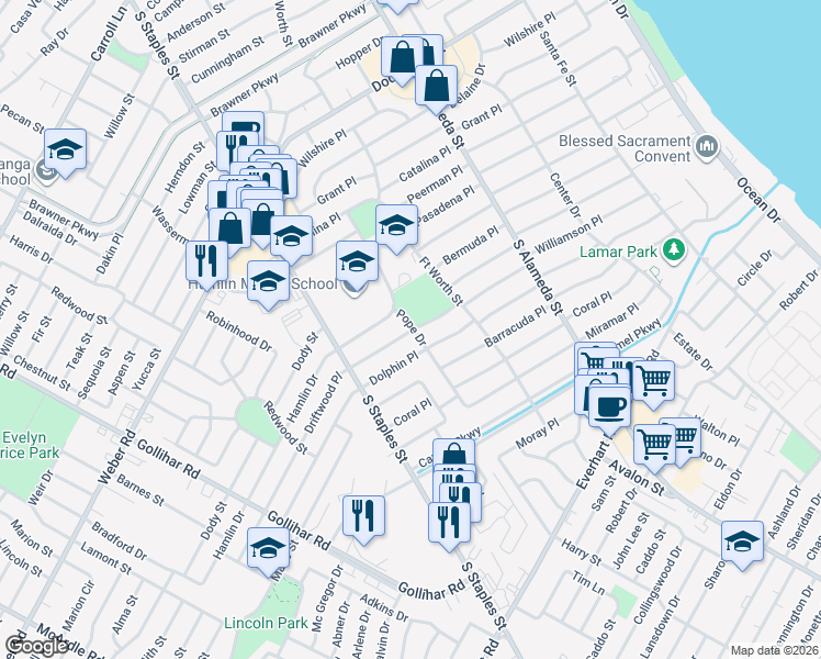 map of restaurants, bars, coffee shops, grocery stores, and more near 1000 Driftwood Place in Corpus Christi