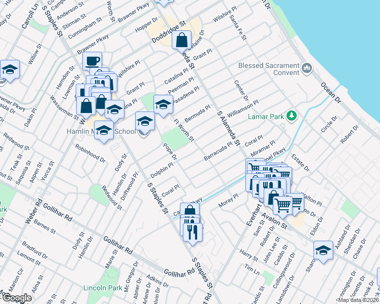 map of restaurants, bars, coffee shops, grocery stores, and more near 914 Dolphin Place in Corpus Christi