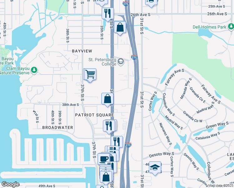 map of restaurants, bars, coffee shops, grocery stores, and more near 3600 34th Street South in St. Petersburg