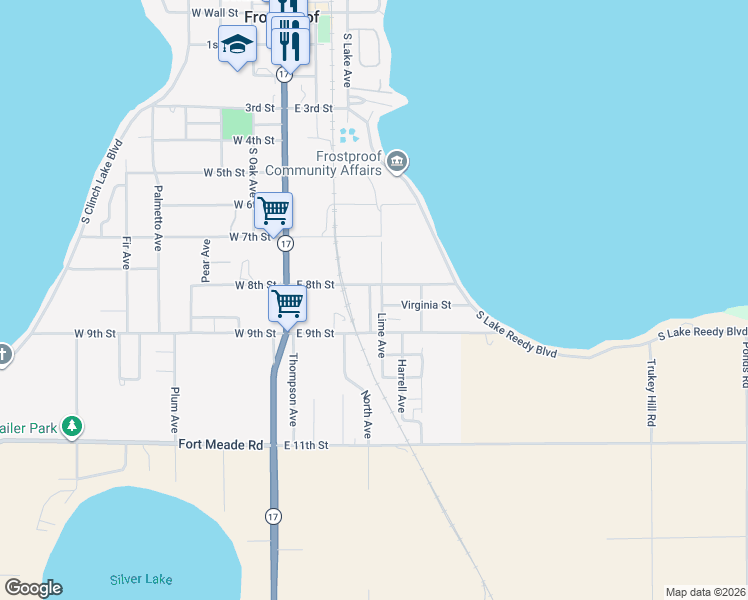map of restaurants, bars, coffee shops, grocery stores, and more near 815 North Avenue in Frostproof