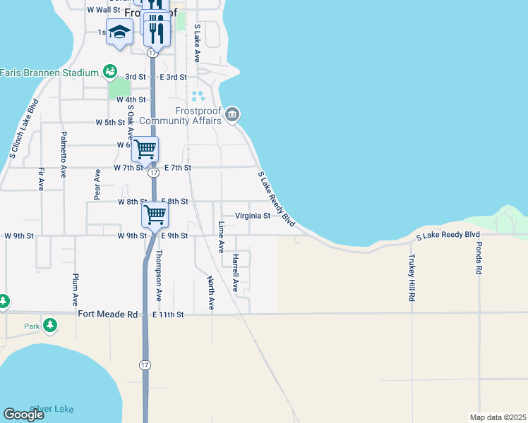 map of restaurants, bars, coffee shops, grocery stores, and more near 415 Virginia Street in Frostproof