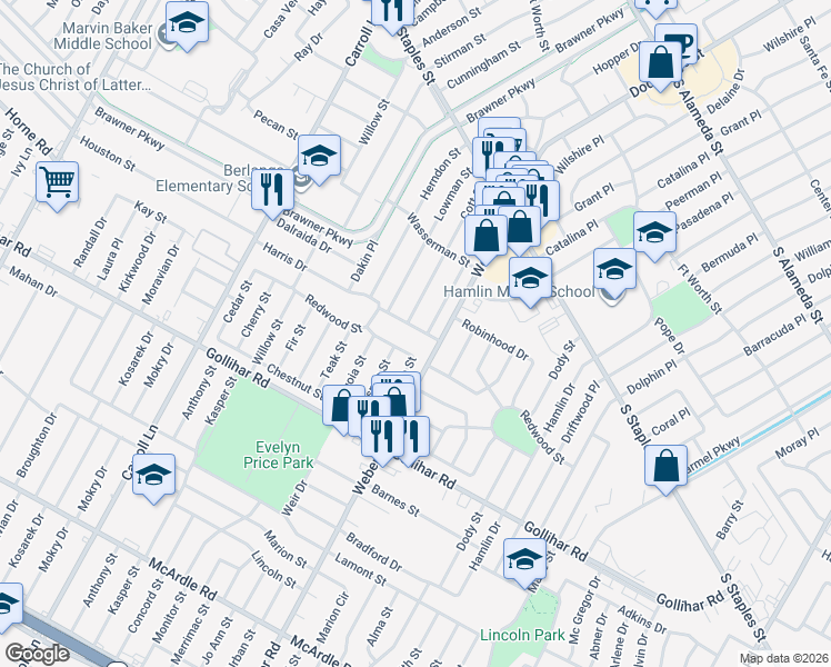 map of restaurants, bars, coffee shops, grocery stores, and more near 3926 Redwood Street in Corpus Christi