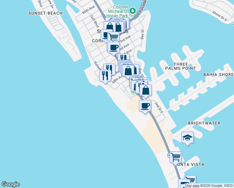 map of restaurants, bars, coffee shops, grocery stores, and more near 6650 Sunset Way in St. Petersburg