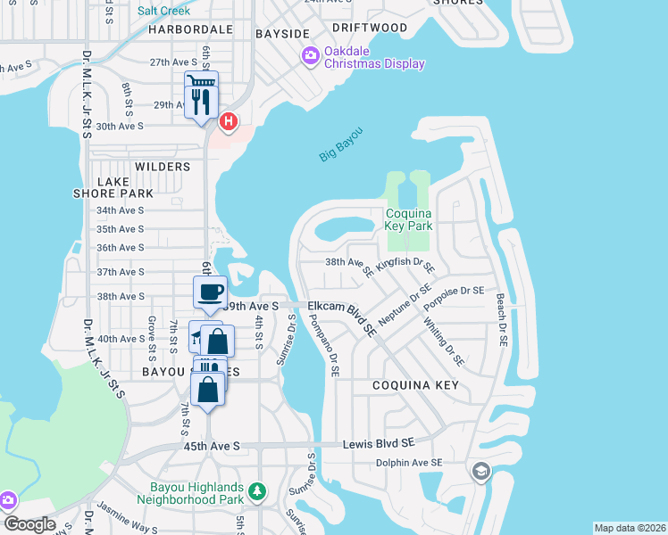 map of restaurants, bars, coffee shops, grocery stores, and more near 3846 Mariner Drive in St. Petersburg