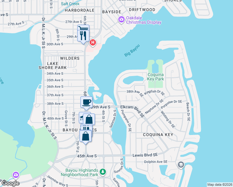 map of restaurants, bars, coffee shops, grocery stores, and more near 3841 Pompano Drive Southeast in St. Petersburg