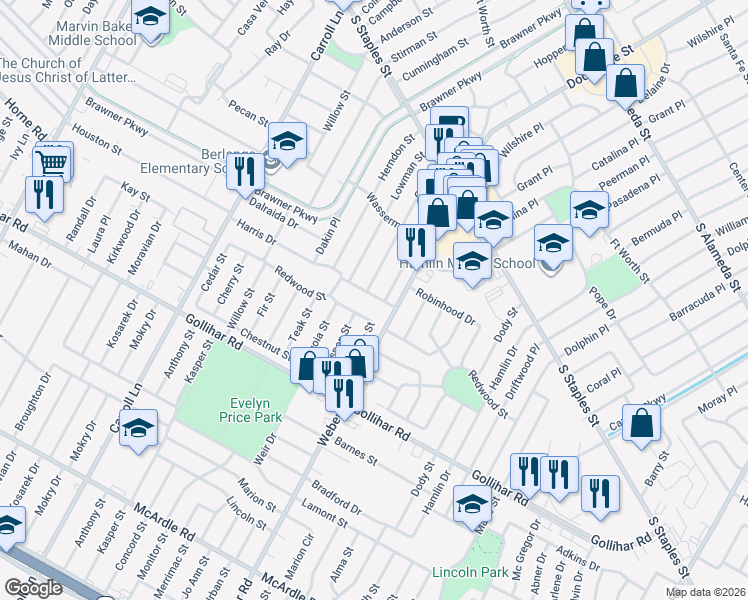 map of restaurants, bars, coffee shops, grocery stores, and more near 3926 Redwood Street in Corpus Christi