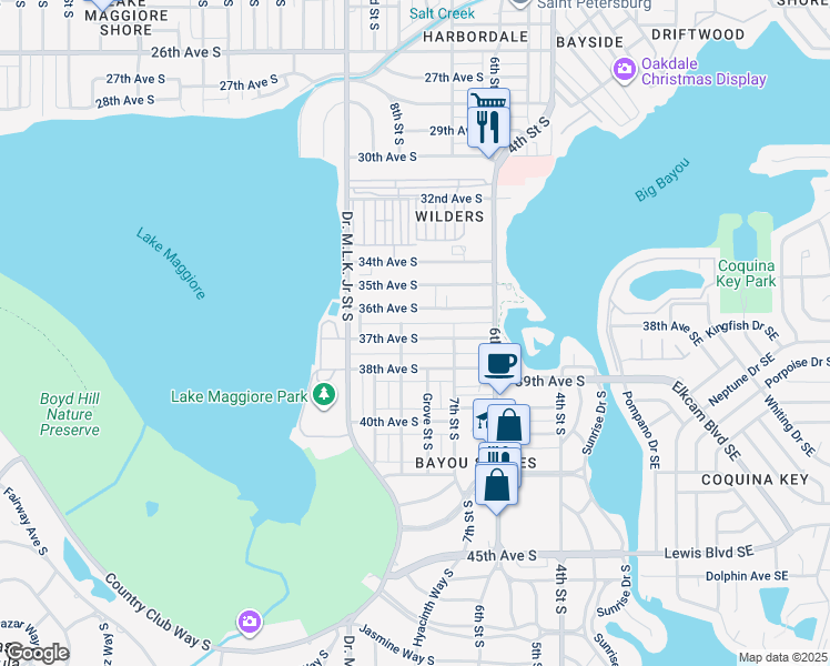 map of restaurants, bars, coffee shops, grocery stores, and more near 767 37th Avenue South in Saint Petersburg