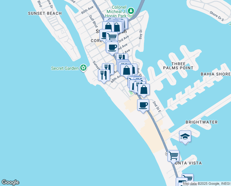 map of restaurants, bars, coffee shops, grocery stores, and more near 6650 Sunset Way in St. Pete Beach