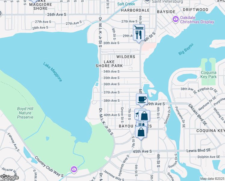 map of restaurants, bars, coffee shops, grocery stores, and more near 813 37th Avenue South in Saint Petersburg