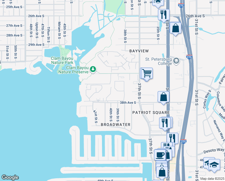 map of restaurants, bars, coffee shops, grocery stores, and more near 3690 40th Street South in St. Petersburg