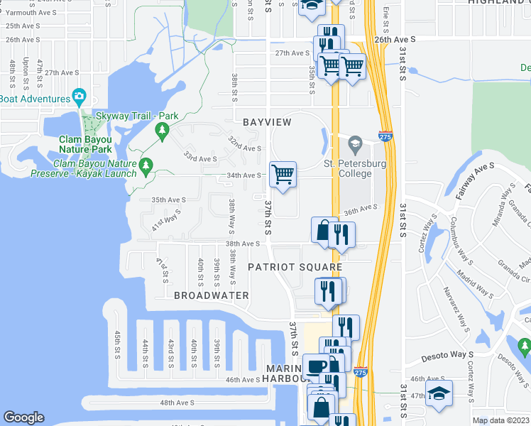 map of restaurants, bars, coffee shops, grocery stores, and more near 3615 37th Street South in Saint Petersburg