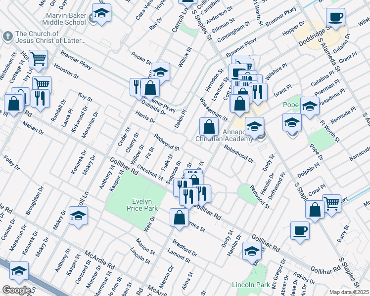 map of restaurants, bars, coffee shops, grocery stores, and more near 4305 Sequoia Street in Corpus Christi
