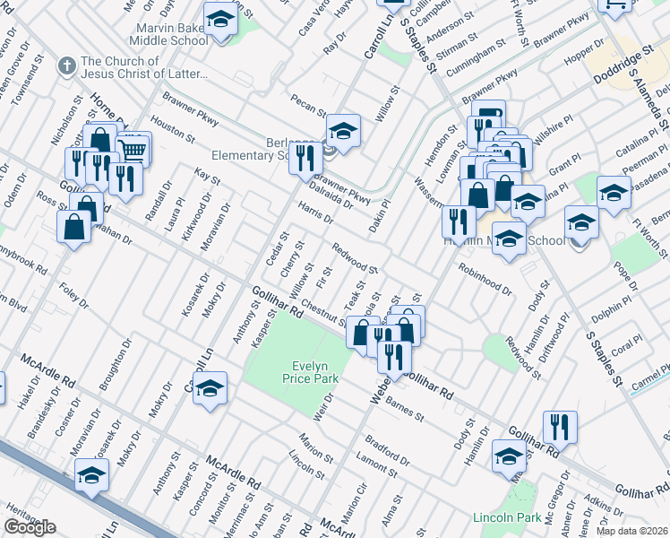 map of restaurants, bars, coffee shops, grocery stores, and more near 4318 Mistletoe Drive in Corpus Christi