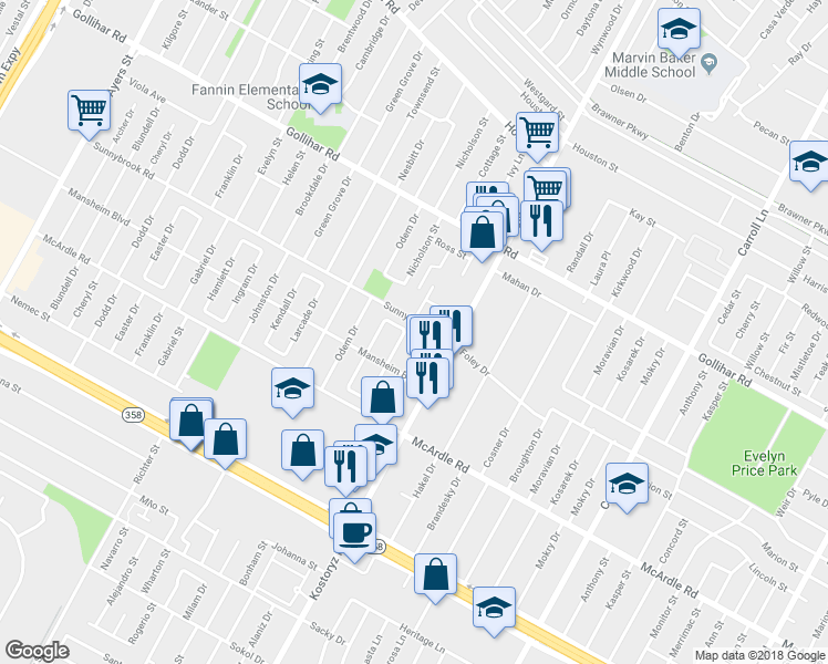 map of restaurants, bars, coffee shops, grocery stores, and more near 4710 Rogerson Drive in Corpus Christi