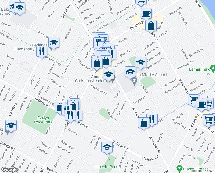 map of restaurants, bars, coffee shops, grocery stores, and more near 3875 South Staples Street in Corpus Christi