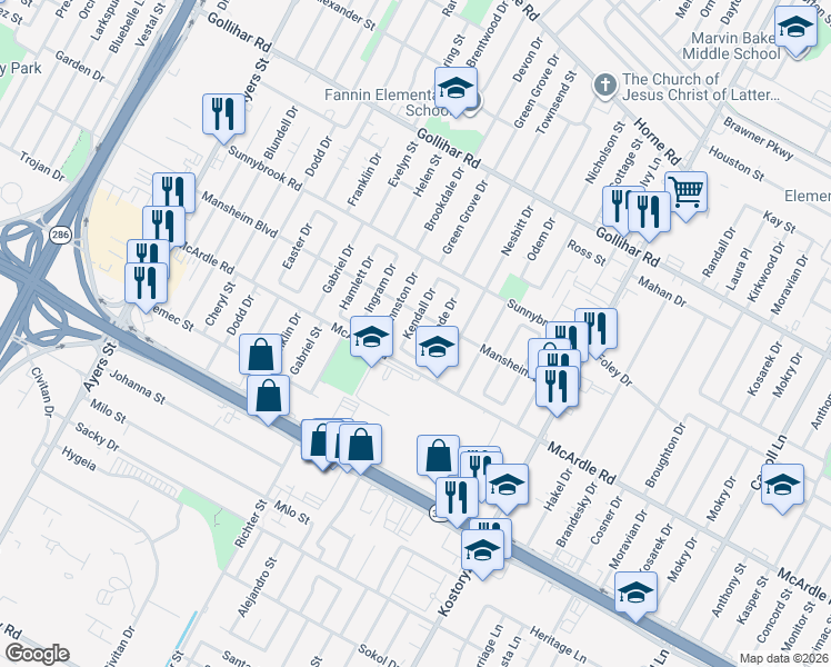 map of restaurants, bars, coffee shops, grocery stores, and more near 4834 Kendall Drive in Corpus Christi