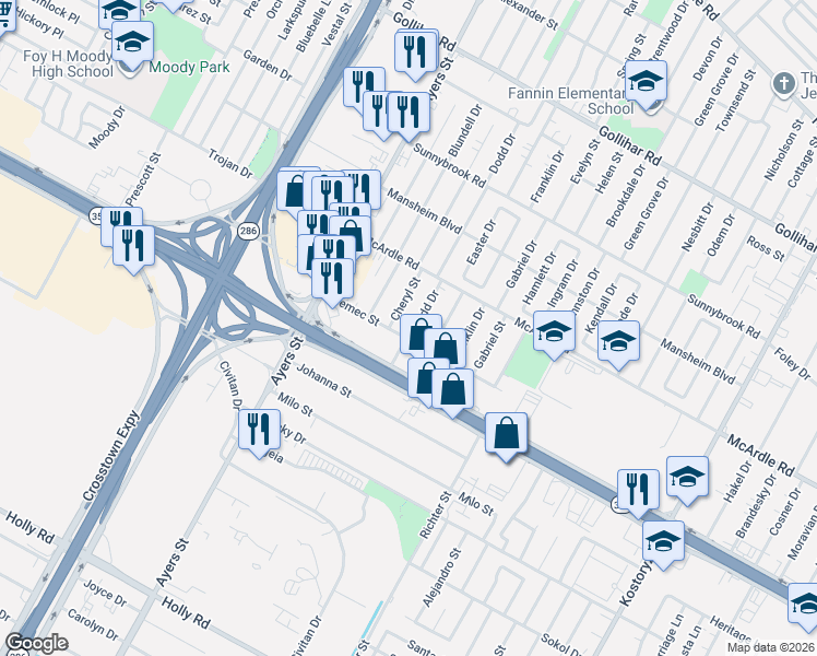 map of restaurants, bars, coffee shops, grocery stores, and more near 2529 Nemec Street in Corpus Christi
