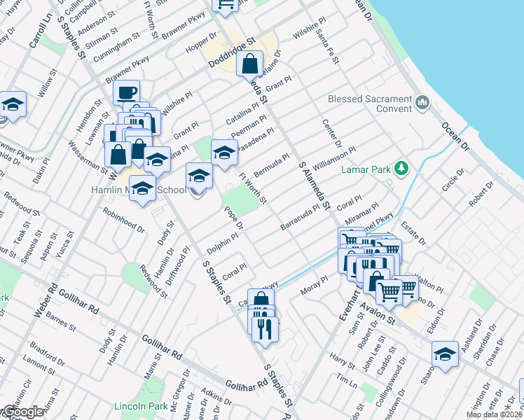 map of restaurants, bars, coffee shops, grocery stores, and more near 914 Dolphin Place in Corpus Christi