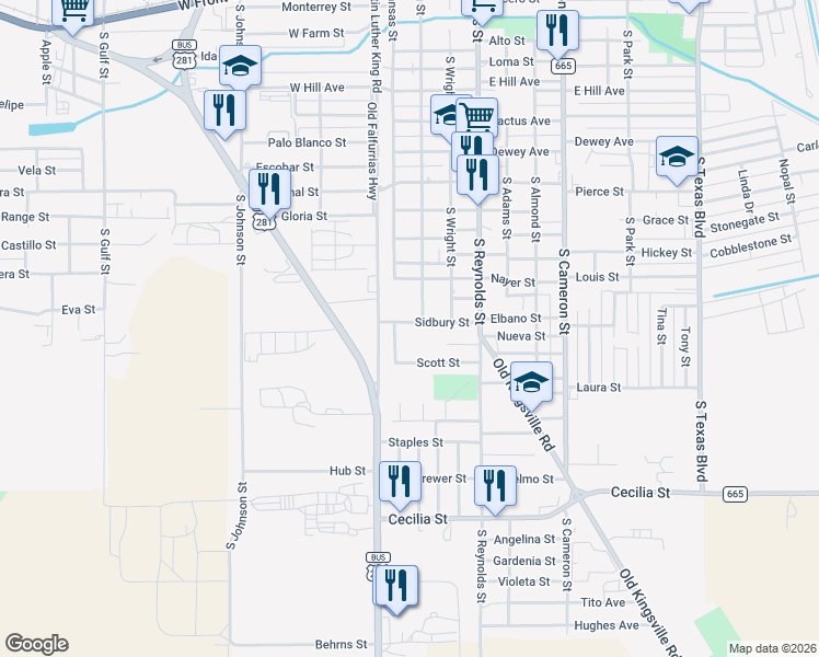 map of restaurants, bars, coffee shops, grocery stores, and more near 114 Sidbury Street in Alice