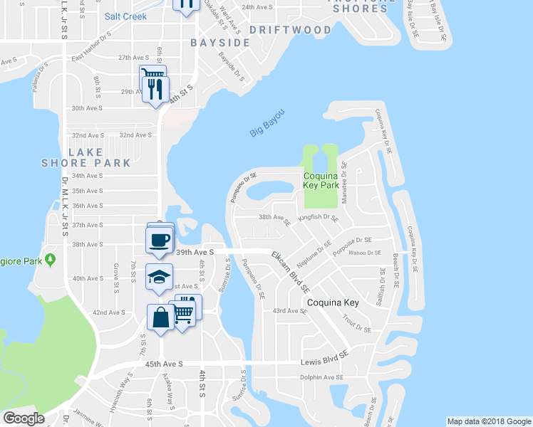 map of restaurants, bars, coffee shops, grocery stores, and more near 3846 Mariner Drive in St. Petersburg