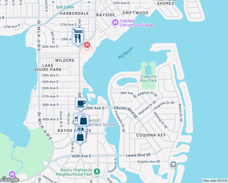 map of restaurants, bars, coffee shops, grocery stores, and more near 3841 Pompano Drive Southeast in St. Petersburg
