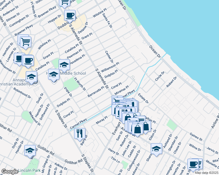 map of restaurants, bars, coffee shops, grocery stores, and more near 472 Coral Place in Corpus Christi