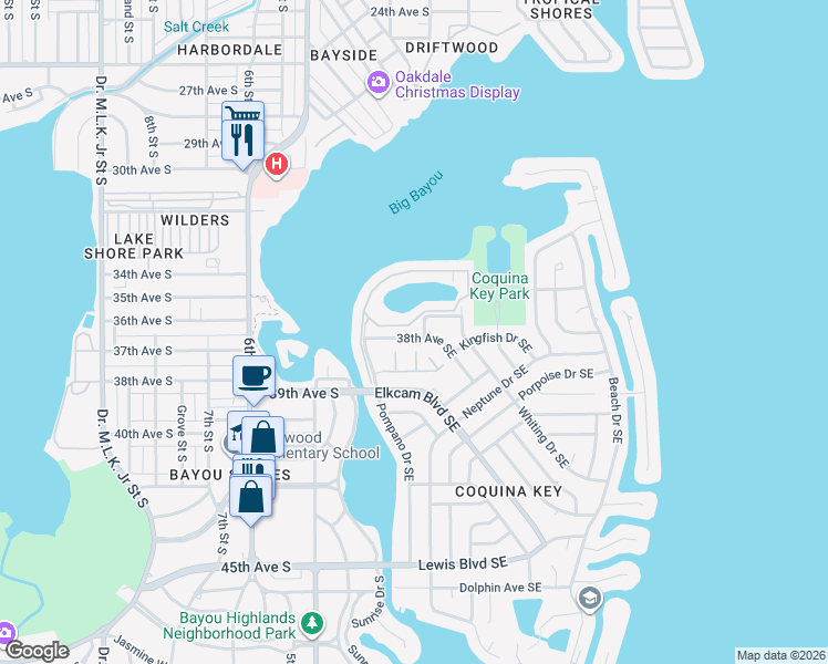 map of restaurants, bars, coffee shops, grocery stores, and more near 3846 Mariner Drive in St. Petersburg