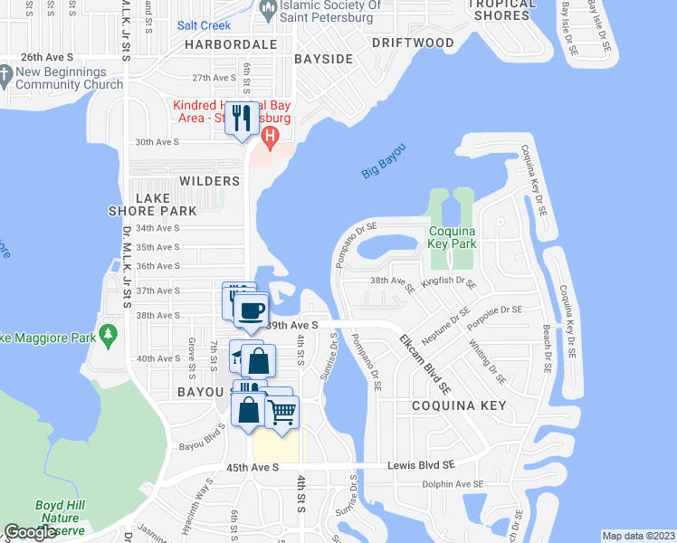 map of restaurants, bars, coffee shops, grocery stores, and more near 101 Pompano Drive Southeast in St. Petersburg