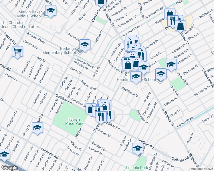 map of restaurants, bars, coffee shops, grocery stores, and more near 4218 Lowman Street in Corpus Christi