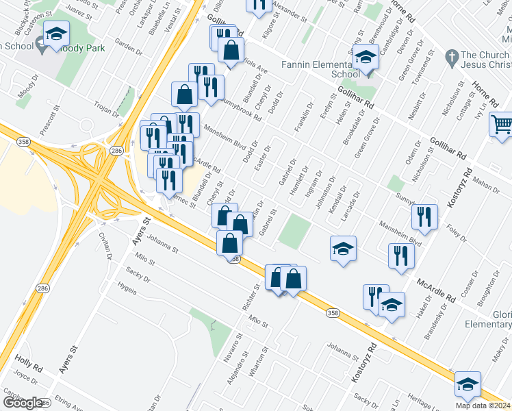 map of restaurants, bars, coffee shops, grocery stores, and more near 4913 Franklin Drive in Corpus Christi